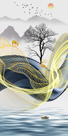 抽象水墨山水新中式烁金玄关