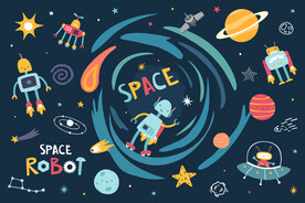 卡通太空星球手绘机器人宇宙背景