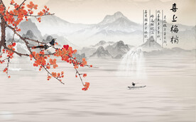 中式喜上眉梢梅花影视背景墙图片