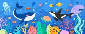 蓝色海底卡通鲸鱼珊瑚水族馆背景