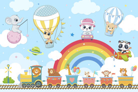 可爱动物小火车卡通彩虹气球背景