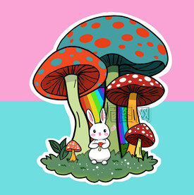 蘑菇树下的小白兔卡通兔子卡通插
