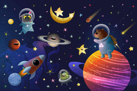 梦幻宇宙星空卡通动物星球背景墙