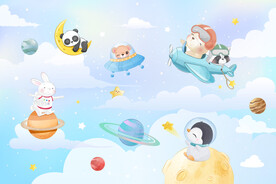 卡通动物宇航员外太空星球背景墙