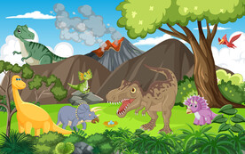 卡通恐龙世界绿色森林火山背景墙