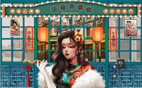 民国风旗袍美女背景墙壁画