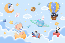 卡通太空星球可爱动物热气球背景