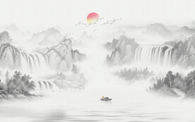 新中式山水瀑布国画背景墙