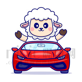 可爱卡通坐汽车的绵羊