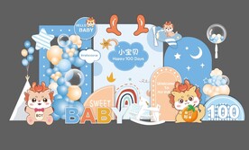 蓝色卡通龙宝宝百日宴背景设计图
