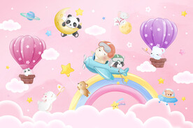可爱动物卡通彩虹气球云朵背景墙