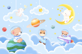 卡通云朵太空动物星球儿童背景墙