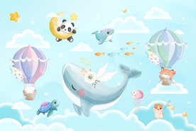卡通鲸鱼可爱动物热气球云朵背景