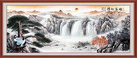 迎客松瀑布山水国画