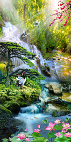 流水生财迎客松山水画装饰图