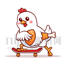 可爱卡通抱着鸡腿玩滑板的鸡