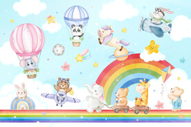 可爱动物飞行员卡通彩虹气球背景