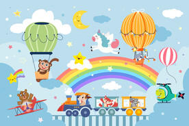可爱动物小火车卡通彩虹气球背景