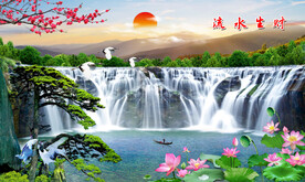迎客松瀑布山水装饰画