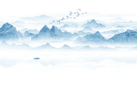 大气蓝色水墨山水画背景墙壁纸