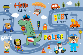 可爱恐龙卡通动物城市道路背景