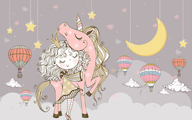 卡通独角兽小女孩儿童房背景墙