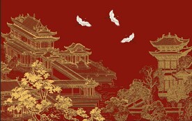 新中式线描立体楼阁山水壁画