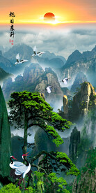 竖幅迎客松山水装饰画