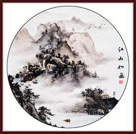 新中式山水圆形装饰画