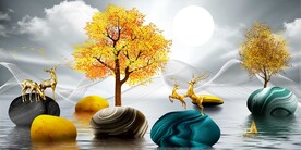 发财麋鹿金色抽象山水发财树装饰