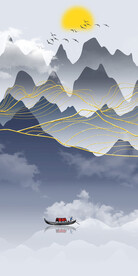 中式水墨山水飞鸟抽象线条玄关