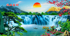 流水生财瀑布山水画