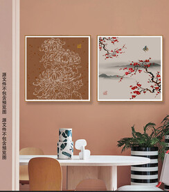 新中式手绘禅意山水餐厅装饰画