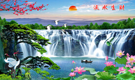 流水生财山水迎客松装饰画