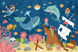 海洋鲸鱼卡通潜水员海底世界背景
