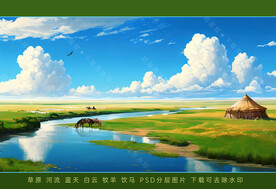 草原河流蓝天白云羊群 