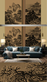 新中式轻奢楼阁山水背景轻奢壁画