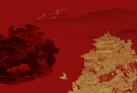 新中式轻奢楼阁山水背景轻奢壁画