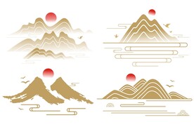 中国风中式水墨祥云山水山纹飞鸟