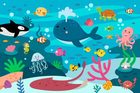 可爱海底动物卡通海豚热带鱼背景