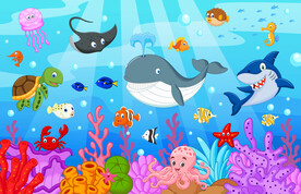 海底鲸鱼卡通鲨鱼珊瑚热带鱼背景