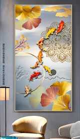 新中式抽象金色荷花九鱼图玄关