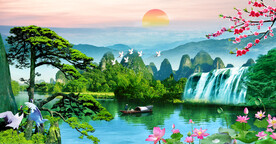 流水生财瀑布迎客松山水装饰画