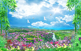 清新天空草地儿童房背景墙