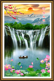 流水生财瀑布山水画