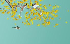 新中式银杏花鸟背景墙装饰画