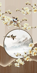 新中式工笔花鸟手绘玉兰花背景墙