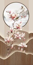 新中式工笔花鸟手绘玉兰花背景墙