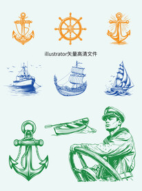 矢量帆船方向盘锚舵免抠海洋元素