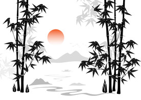 墨竹山水矢量插画